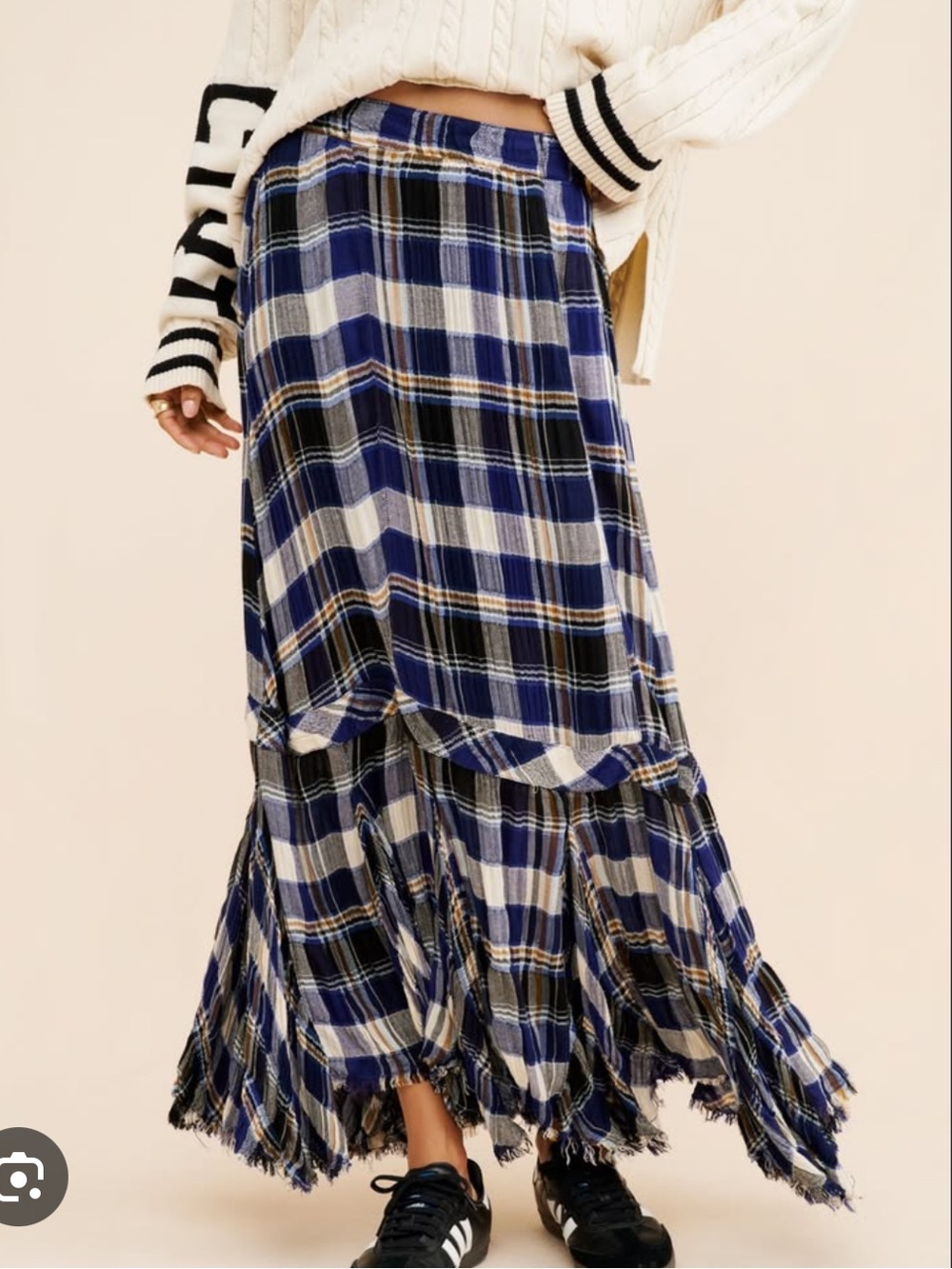 Free People Bordeaux Maxi Skirt Womens XS Plaid Ruffle Fringe Boho Blue Cream